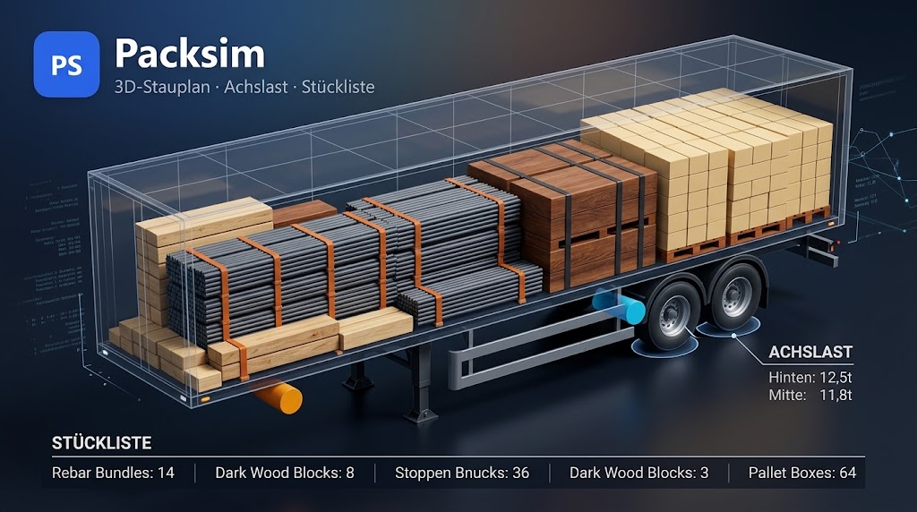 Packsim — 3D trailer stowage with axle loads and packing list